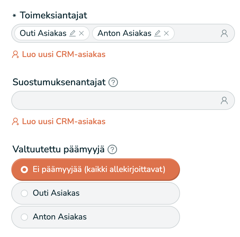 Toimeksiantoa täyttäessä voit valita kuka toimii valtuutettuna päämyjänä